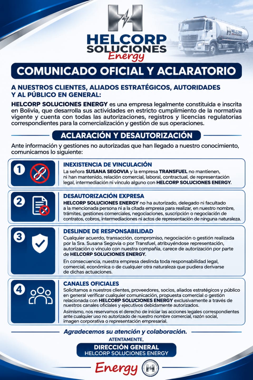 Comunicado oficial Helcorp Soluciones Energy - aclaración sobre Susana Segovia y Transfuel